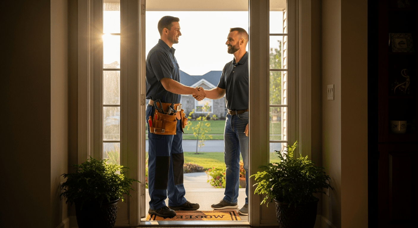 Plumber shaking hands with a satisfied homeowner