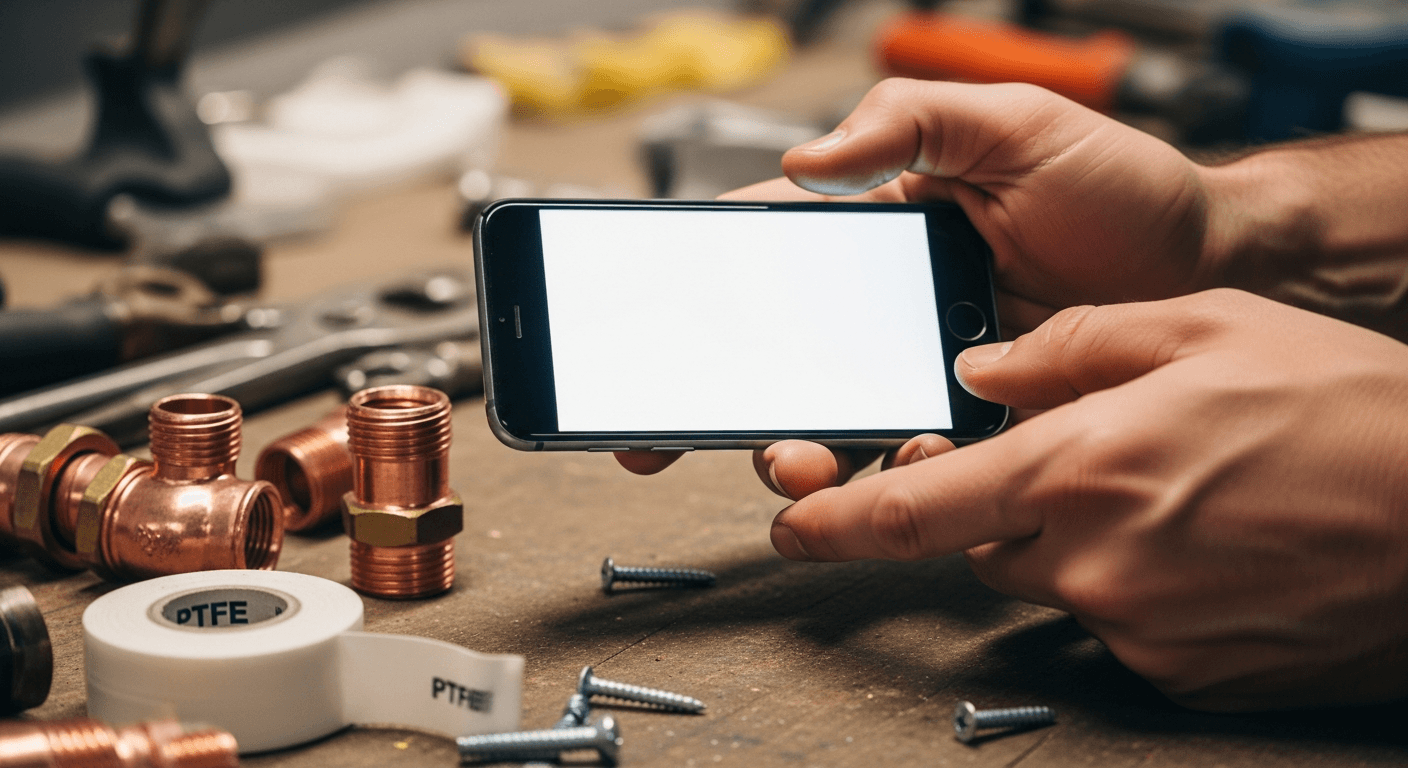 Plumber using phone with tools on workbench
