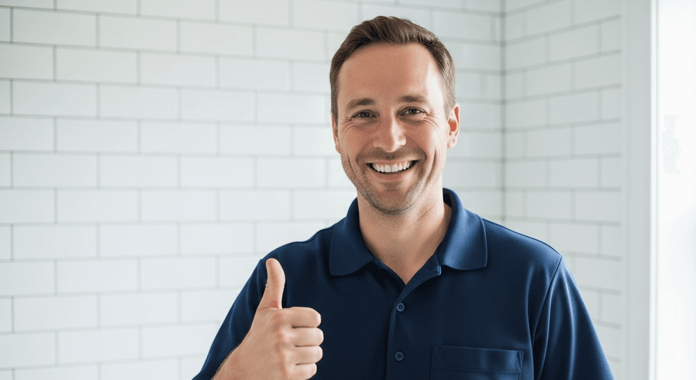 Smiling plumber giving thumbs up after a job well done