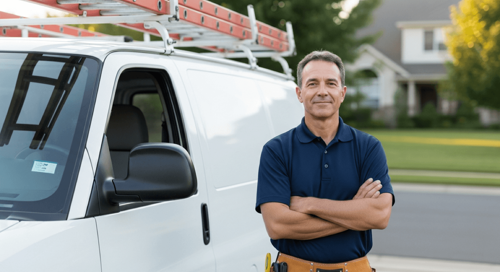 Plumber standing confidently beside his work van