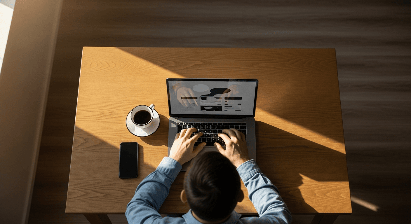 Plumber working on laptop with coffee, morning light